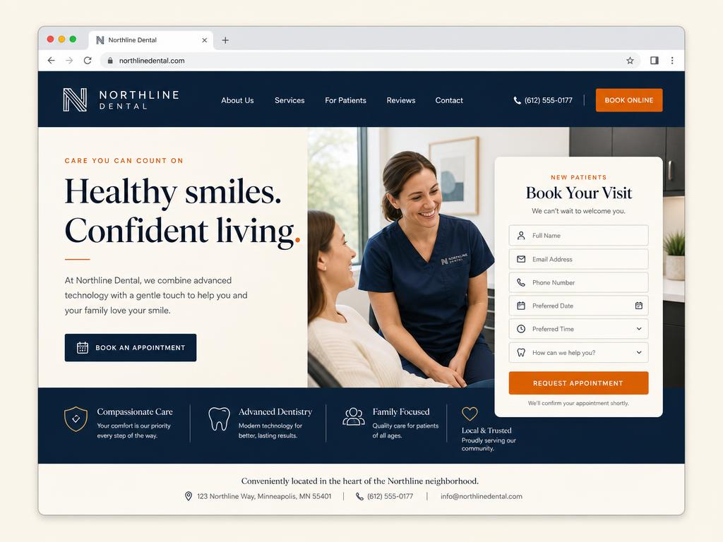 Example homepage concept for a dental practice with a new-patient booking form