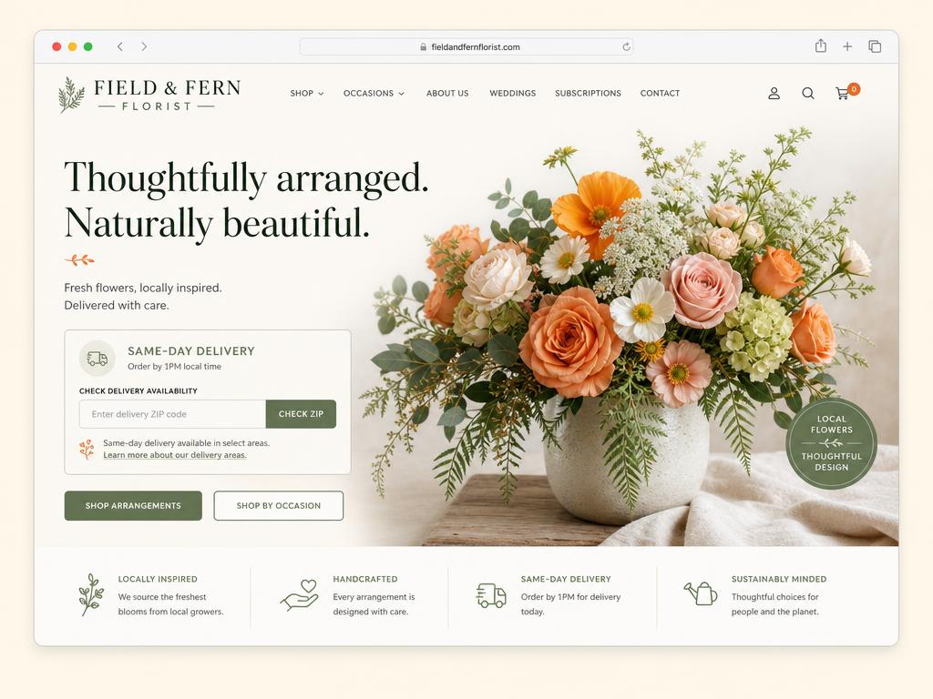 Example homepage concept for a florist with a same-day delivery zip check