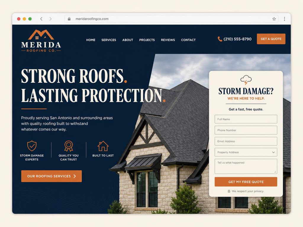 Example homepage concept for a roofing contractor with a storm-damage quote form
